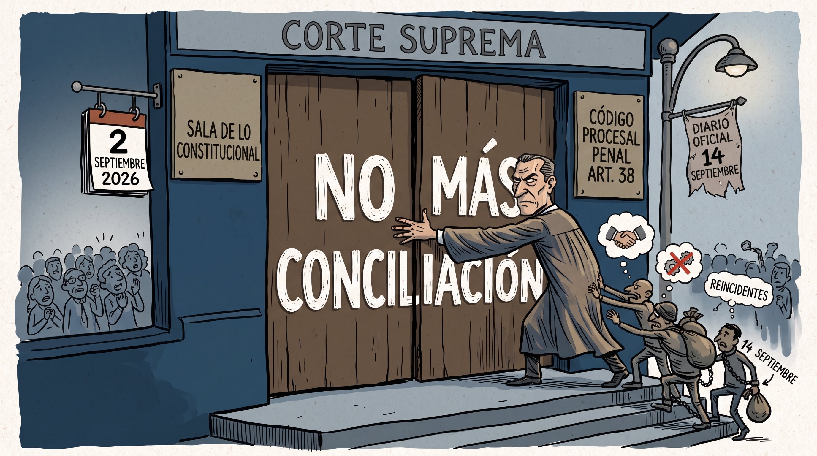 Una ilustración simboliza el aval de la Sala de lo Constitucional de El Salvador a la prohibición de mediación penal para procesados reincidentes. (Imagen Ilustrativa Infobae)