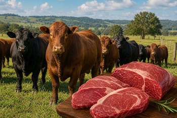 Bovinos negros y castaños en un prado junto a varios cortes de carne cruda sobre una tabla de madera en primer plano.