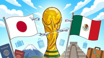 Ilustración con las banderas de Japón y México, la Copa Mundial FIFA en el centro, aviones volando, pasaportes, el Monte Fuji y una pirámide maya.