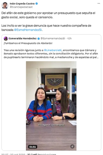 Iván Cepeda criticó el presupuesto y respaldó la denuncia de Esmeralda Hernández - crédito @IvanCepedaCast/X