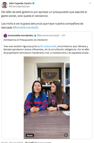 Iván Cepeda criticó el presupuesto y respaldó la denuncia de Esmeralda Hernández - crédito @IvanCepedaCast/X
