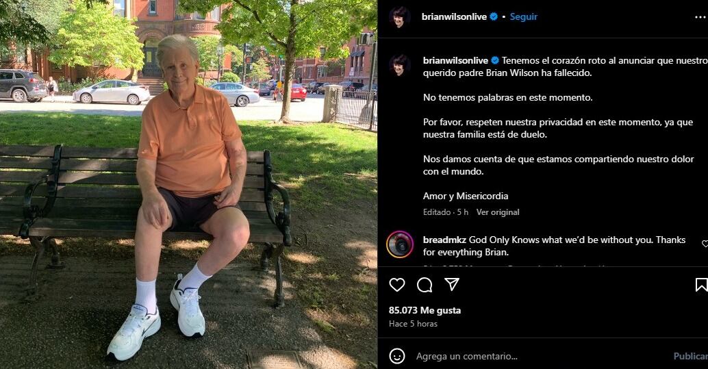 Los hijos de Brian Wilson confirmaron el fallecimiento del músico. (Instagram/Brian Wilson)