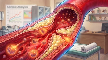 Ilustración de una arteria roja que muestra acumulación de placa amarilla en las paredes y partículas rojas brillantes flotando, con un laboratorio médico de fondo.