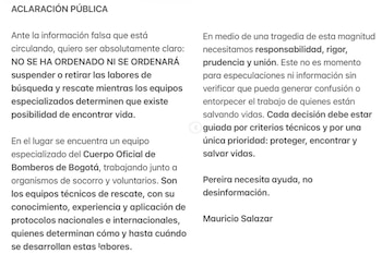 El alcalde Mauricio Salazar Peláez negó que Pereira haya ordenado suspender las labores de rescate o retirar socorristas - crédito mauriciosalazarpelaez / Instagram