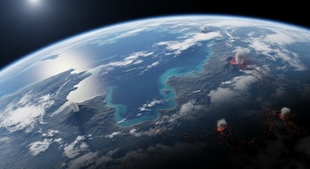 Imagen de un planeta desde el espacio mostrando océanos azules, continentes rocosos y varios volcanes en erupción con humo y lava brillante. Nubes blancas cubren secciones del planeta.