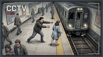 Ilustración de un hombre que estira los brazos hacia una mujer en el andén de un metro frente a la pantalla de una cámara de seguridad.