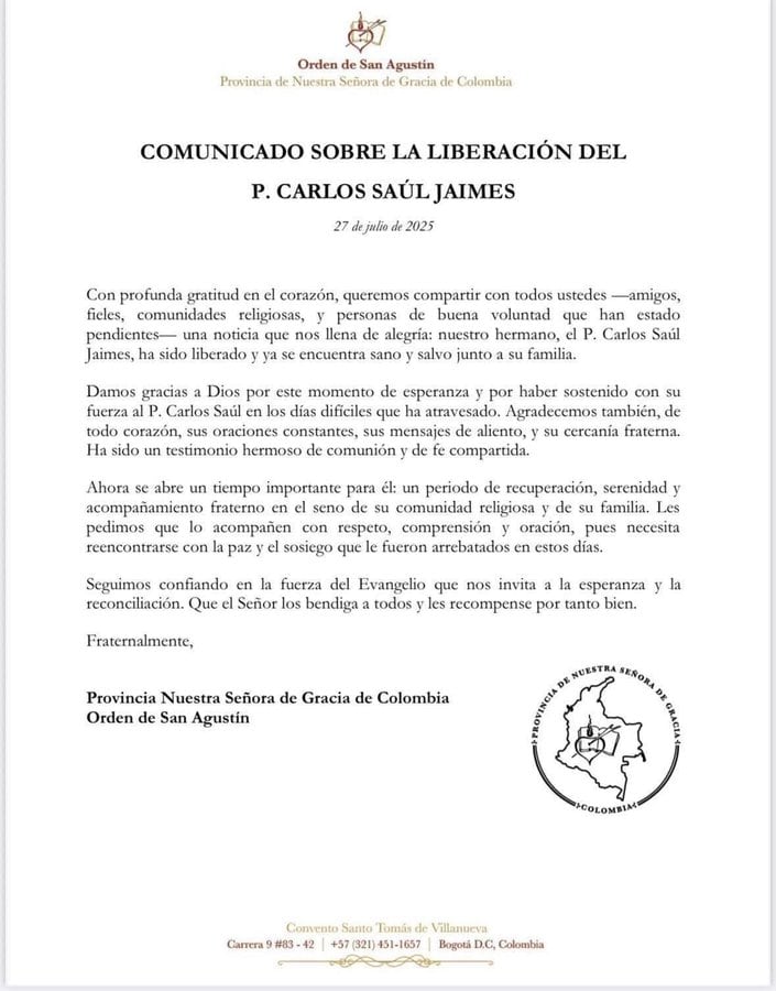 La comunidad anunció la liberación del sacerdote - crédito Provincia Nuestra Señora de Gracia de Colombia