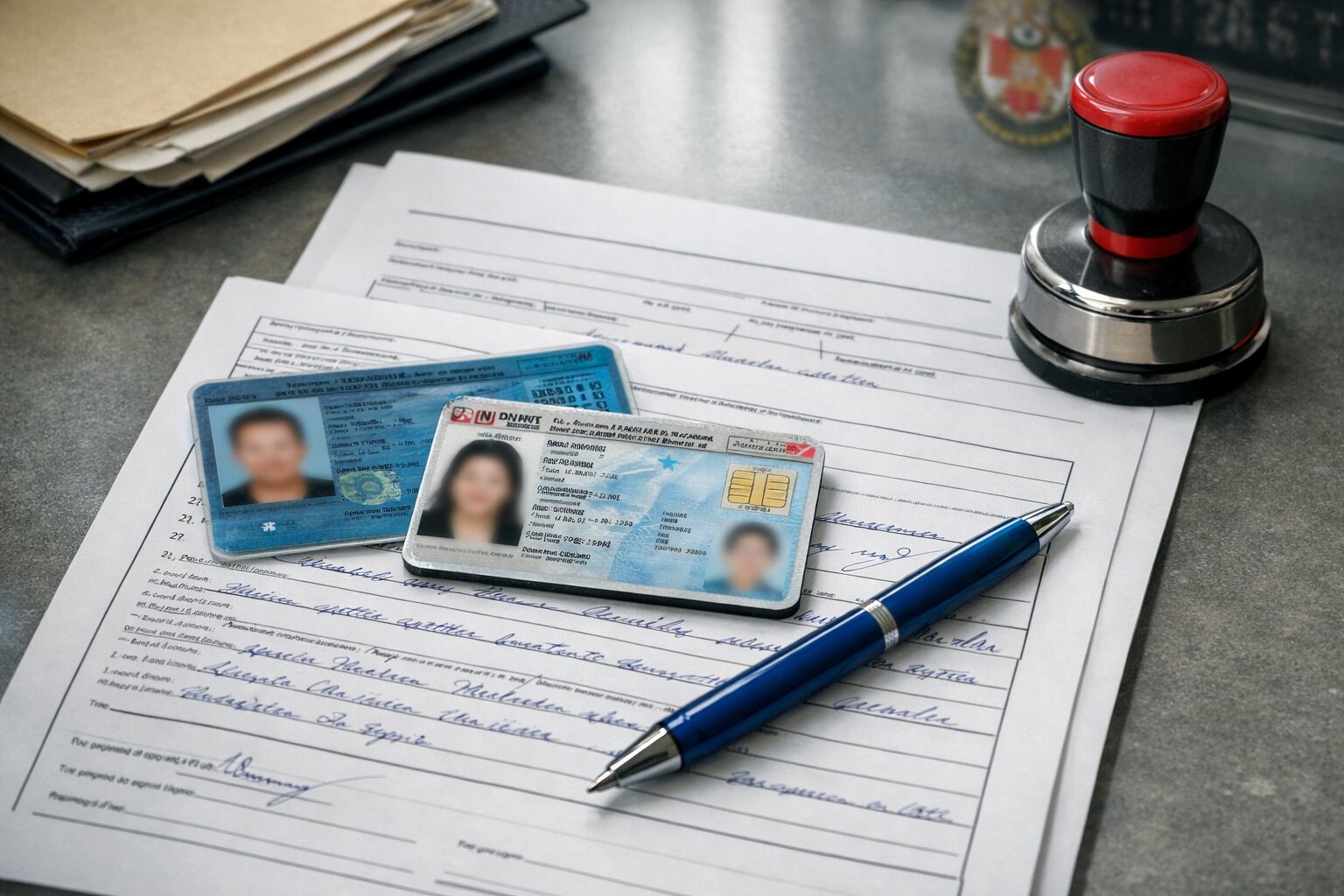 Un escritorio de comisaría peruana muestra un formulario de denuncia policial manuscrito, un DNI azul y uno electrónico, un bolígrafo azul y un sello, representando el proceso de reporte de documentos extraviados. (Imagen Ilustrativa Infobae)