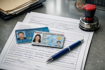 Vista cenital de un escritorio en una comisaría peruana con un formulario de denuncia manuscrito, dos DNI, un bolígrafo azul y un sello oficial.