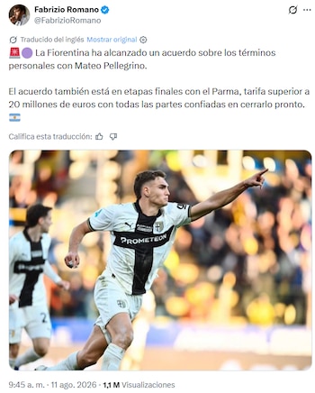 Mateo Pellegrino, goleador del Parma, a un paso de la Fiorentina según Fabrizio Romano