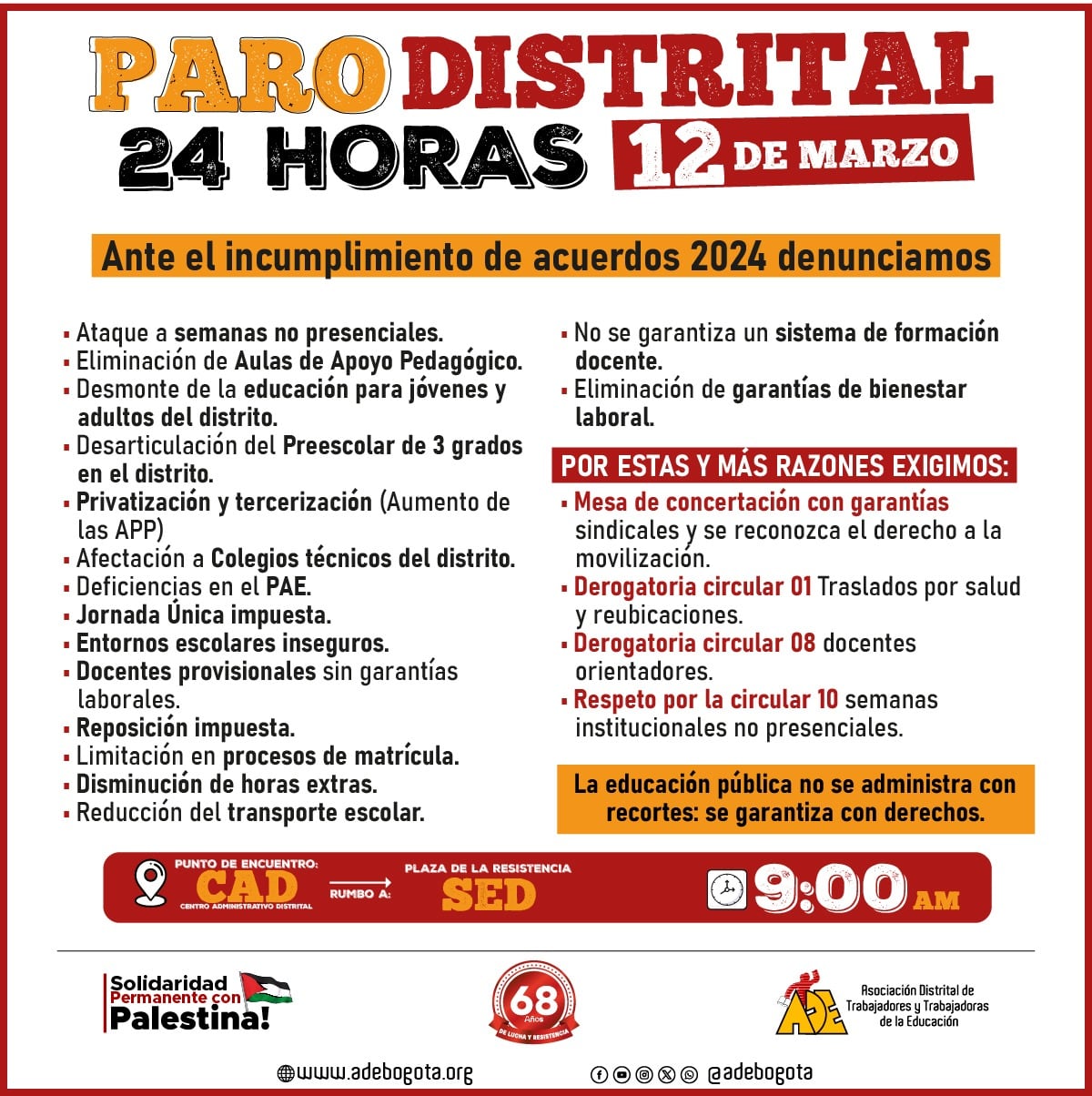La ADE convocó una jornada de movilización en Bogotá para exigir cambios en las políticas educativas y condiciones laborales. - crédito @adebogota/X