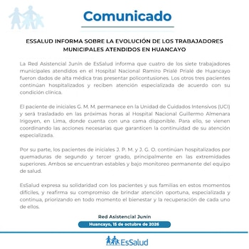 Cuatro trabajadores municipales reciben el alta tras ataque durante desalojo en Huancayo
