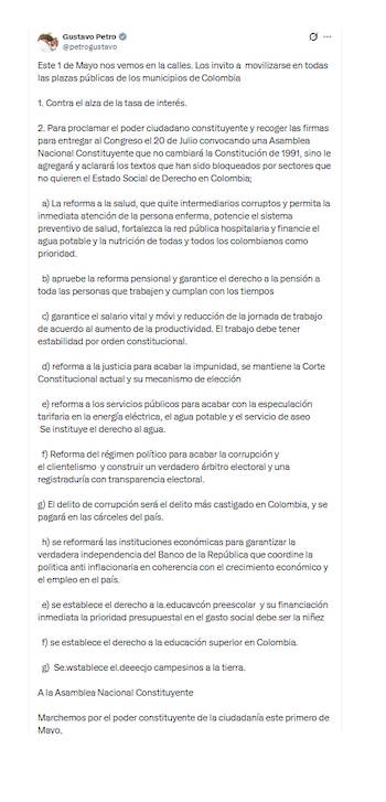 Gustavo Petro e seu chamado para marchar em 1º de maio