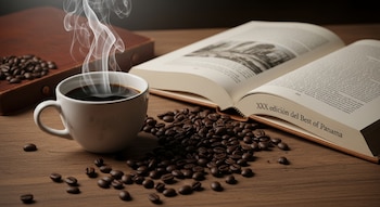Una taza de café blanco con vapor, granos de café sobre una mesa de madera, un libro abierto que muestra el texto 'XXX edición del Best of Panama' y un cuaderno marrón.