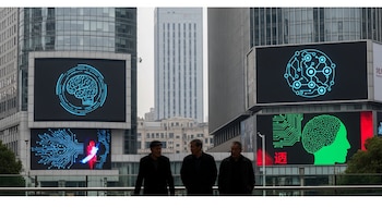 Tres hombres mayores caminan frente a edificios modernos con pantallas LED mostrando cerebros digitales y circuitos de inteligencia artificial en una ciudad china.