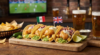 Cuatro tacos con pescado rebozado, papas fritas, chícharos, col morada y salsa blanca sobre tabla de madera. Banderas de México y Reino Unido, limas, jalapeños, nachos y cervezas.