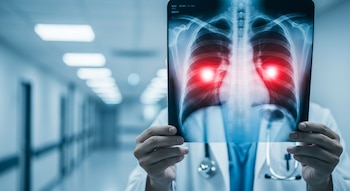Un médico con bata blanca y estetoscopio sostiene una radiografía de tórax que muestra los pulmones con áreas rojas brillantes en un pasillo de hospital.