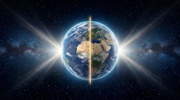 Imagen fotorealista de la Tierra vista desde el espacio. Una línea dorada brillante divide el globo, cruzando Europa y África. Fondo de estrellas con haces de luz simétricos.