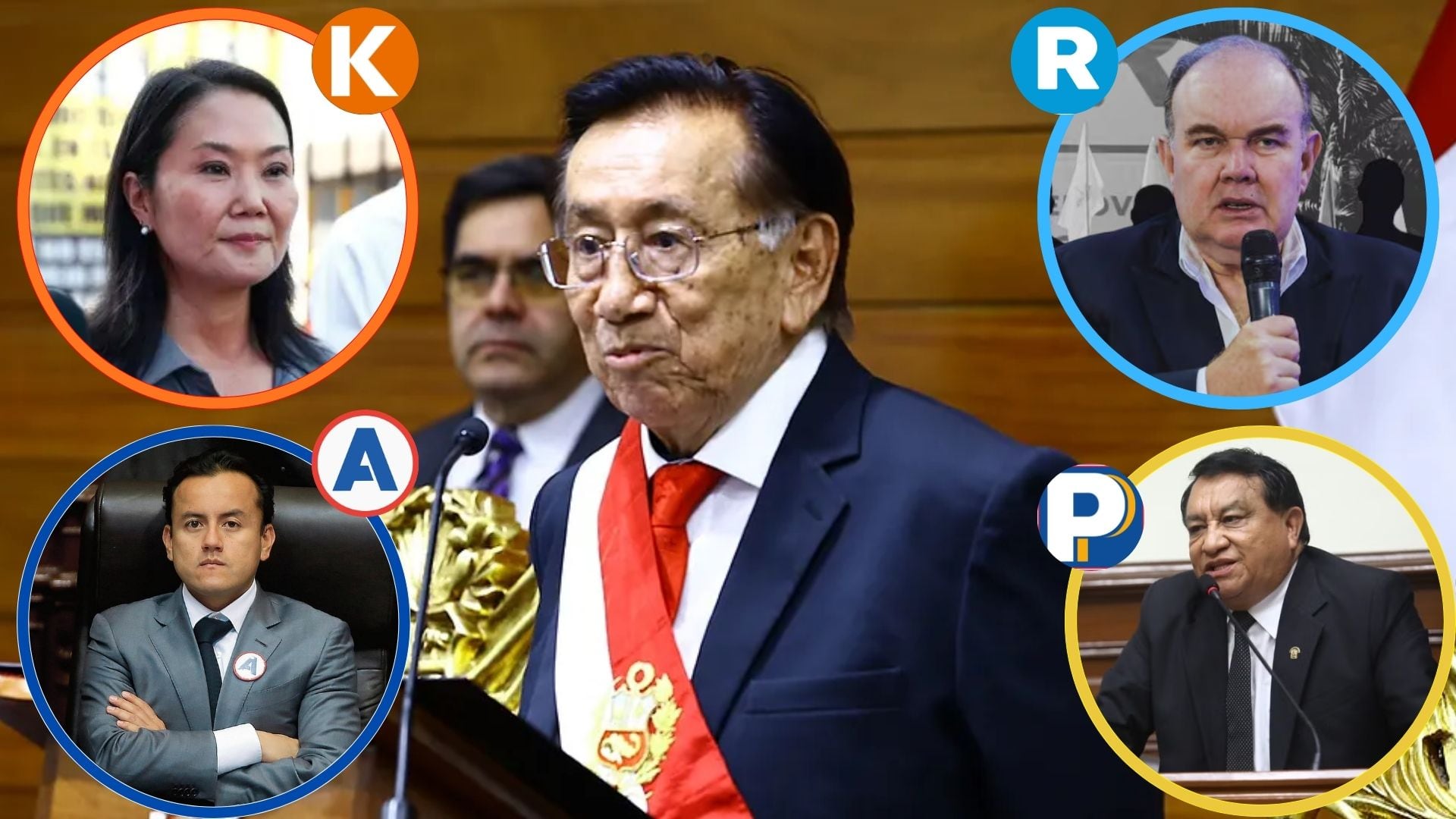 José María Balcázar interviene en una sesión del Congreso, mientras en imágenes secundarias se aprecian a Keiko Fujimori, Rafael López Aliaga y representantes de Alianza para el Progreso y Podemos Perú.