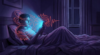 Ilustración de un hombre acostado en la cama mirando un teléfono inteligente iluminado, rodeado de líneas rojas en forma de onda.