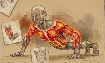 Ilustración anatómica de una figura humana realizando una flexión, mostrando los músculos del cuerpo con algunos en rojo brillante y hojas de dibujo adyacentes