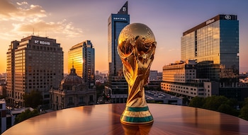 El trofeo de la Copa del Mundo de la FIFA sobre una mesa de madera. Al fondo, un horizonte urbano con hoteles como Sofitel, St. Regis y Hilton, al atardecer.