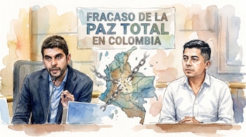 Ilustración en acuarela de Hernán Cadavid y Ariel Ávila junto a un mapa de Colombia con cadenas y el texto Fracaso de la Paz Total en Colombia.