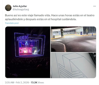 Julio Aguilar, esposo de Mar Contreras, compartió tres fotografías que documentan desde su presentación teatral hasta su hospitalización (X)