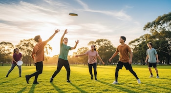 Seis adolescentes juegan con frisbee en un parque verde al atardecer, rodeados de árboles y cielo despejado.