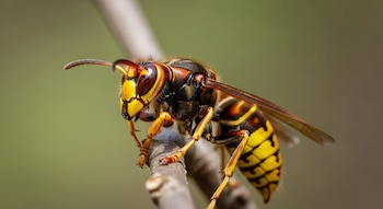 Un avispón asiático de patas amarillas con cuerpo amarillo y negro, y cabeza anaranjada, se posa en una rama de un árbol.
