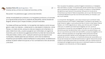 Palabras de Gustavo Petro a James Rodríguez tras aceptar foto con Antonella Petro - crédito @petrogustavo/X