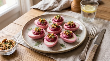 Siete mitades de huevos rosados con relleno cremoso, nueces picadas y eneldo en un plato cerámico, junto a cubiertos, un vaso con limón y un cuenco.