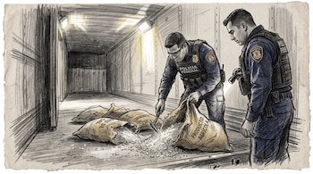 Dos agentes con chalecos tácticos revisan sacos rotos con cristales blancos dentro de un remolque de carga iluminado.