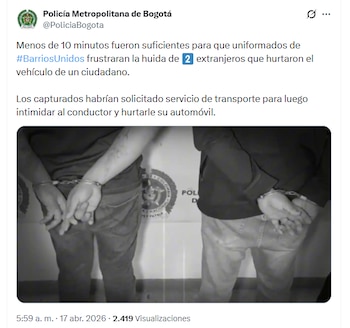 Las autoridades identificaron a los detenidos como jóvenes mexicanos con antecedentes laborales como reposteros - crédito @@PoliciaBogota/X