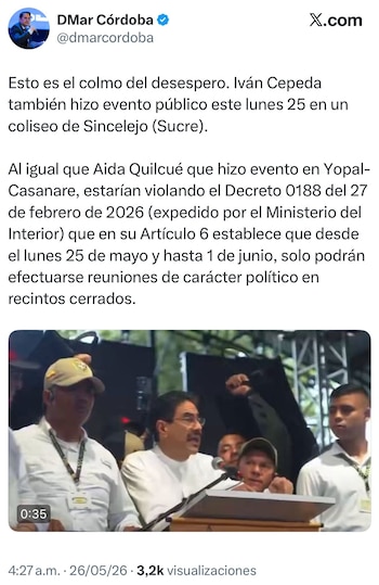 Demar Córdoba afirmó que el evento del legislador en Sincelejo incumple la norma que limita las reuniones políticas a espacios cerrados durante la semana electoral - crédito @dmarcordoba/X