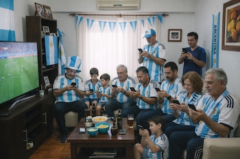Um grupo de torcedores argentinos de todas as idades numa sala assistindo a uma partida de futebol pela televisão; a maioria deles está olhando para seus telefones. Há lanches e bandeiras.