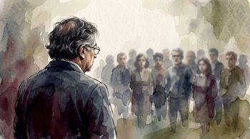 Ilustración acuarela de Gustavo Petro de espaldas con cabello canoso y gafas, frente a una multitud difusa. Tonos azules, grises y burdeos.