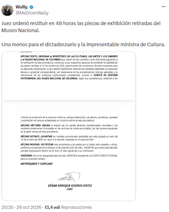 Wally celebró la orden de devolver las piezas al Museo Nacional y atacó al Gobierno - crédito @MeDicenWally/X
