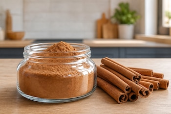 Un recipiente de vidrio transparente lleno de canela molida y varias ramas de canela sobre una mesa de madera.