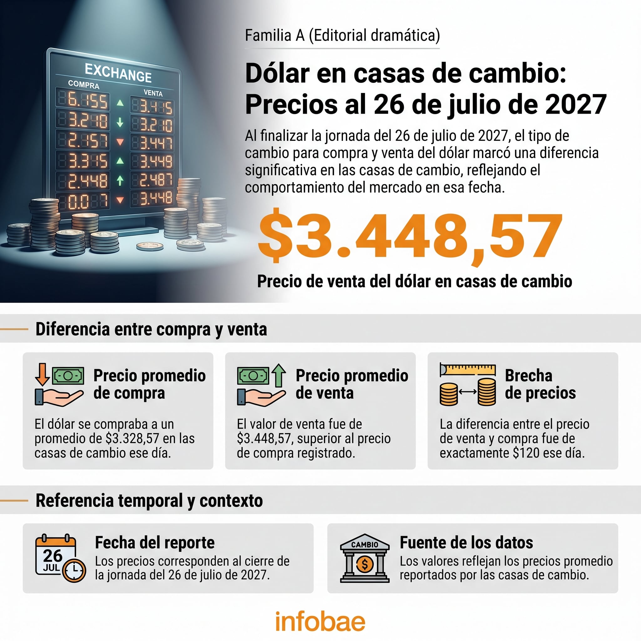 Al cierre de la jornada del 26 de julio de 2027, el precio promedio de compra de dólar en las casas de cambio era de $3.328,57, mientras que el de venta se ubicaba en $3.448,57 - crédito Infobae Colombia