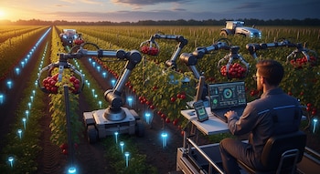 Hombre con gafas supervisa computadora portátil mientras robots cosechan frutos rojos en un campo agrícola con sensores luminosos y un tractor autónomo al atardecer.