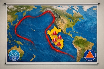 Mapa físico del Pacífico sudamericano en una pared, con Perú en amarillo, el Cinturón de Fuego en rojo, iconos de alerta sísmica y logos IGP e Indeci.