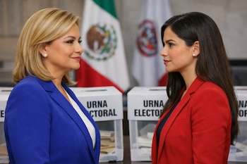 Maru Campos (saco azul) y Andrea Chávez (saco rojo) se miran de perfil. Detrás hay banderas de México y urnas electorales blancas.