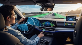 Vista interior de un conductor en un sedán moderno, con pantallas y proyecciones digitales que muestran sensores, alertas de seguridad y sistemas de asistencia en una carretera.