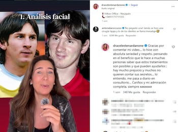 Imagen dividida: fotos de Lionel Messi joven, una mujer con micrófono y una captura de Instagram mostrando un intercambio de comentarios