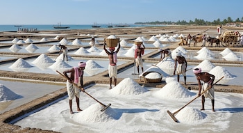 Hombres trabajan en estanques de evaporación solar, amontonando sal y transportándola en cestas y carros con bueyes. Barcos en el mar y palmeras en el horizonte.