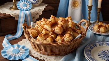 Primer plano de un cesto de mimbre lleno de pastelitos cuadrados, cubiertos con dulce de leche. Detrás, elementos decorativos celestes y blancos y una bandera argentina.
