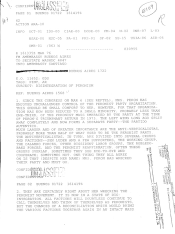 Documento desclasificado de la Embajada