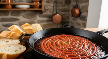 Chistorra roja brillante en espiral cociéndose en una sartén de hierro fundido con aceite burbujeante, acompañada de rebanadas de baguette. Cocina rústica vasca de fondo.