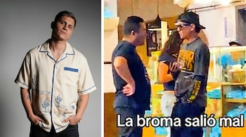 Composición dividida: a la izquierda, un hombre joven posa con camisa de desierto; a la derecha, dos hombres interactúan en estilo acuarela con el texto 'La broma salió mal'.